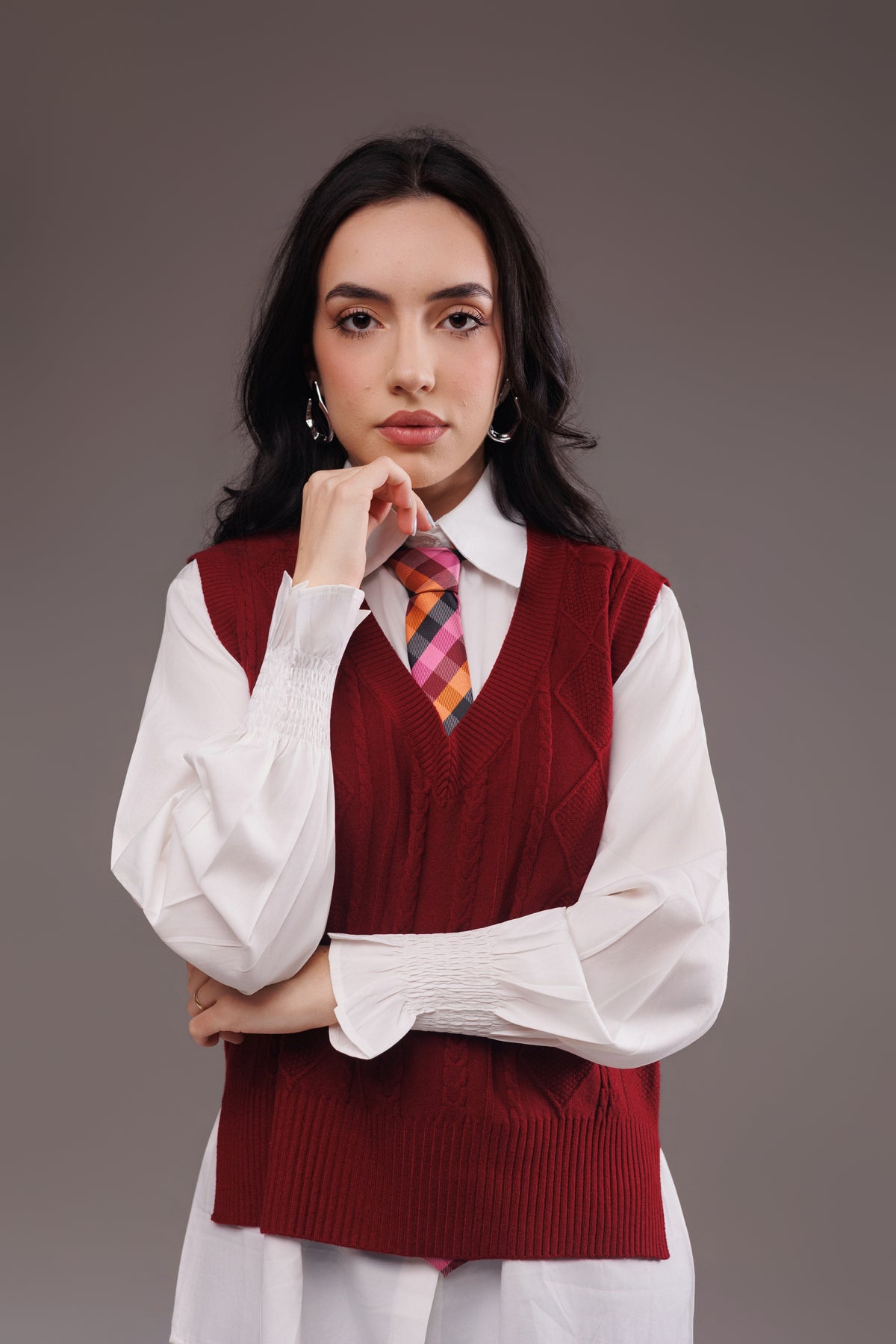 Conjunto Colete Tricot Bordô + Camisa